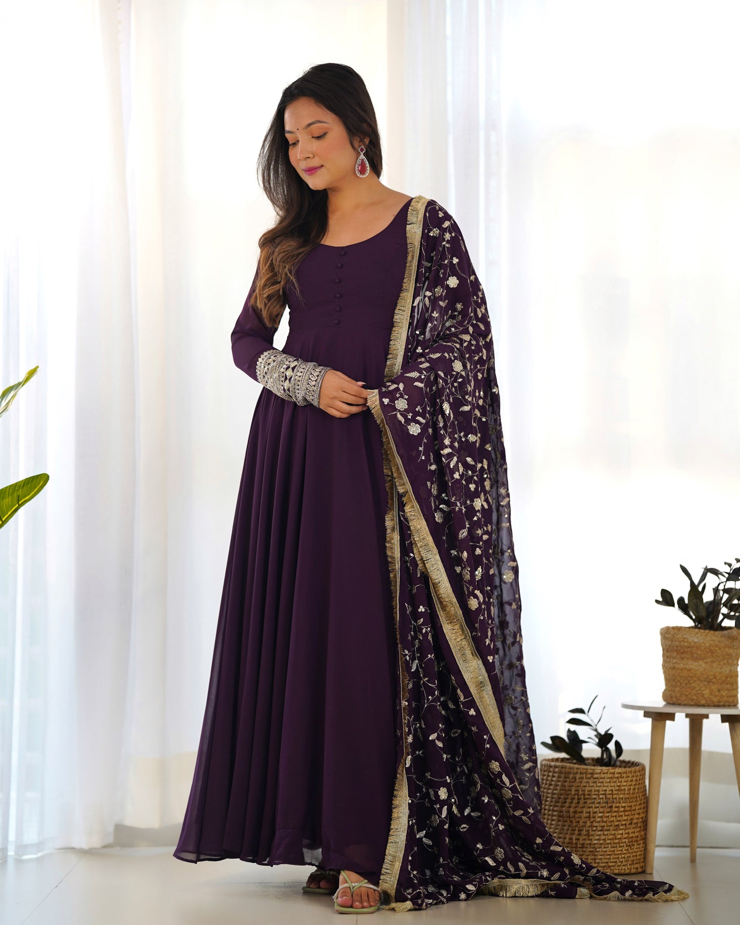 Aliya Wine Solid Faux Georgette Anarkali Set