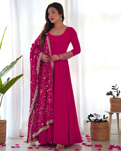 Rani Pink Solid Faux Georgette Anarkali Set