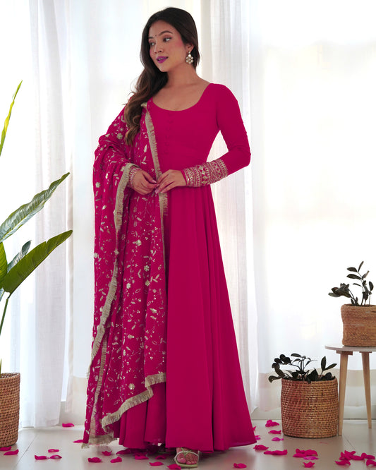 Rani Pink Solid Faux Georgette Anarkali Set