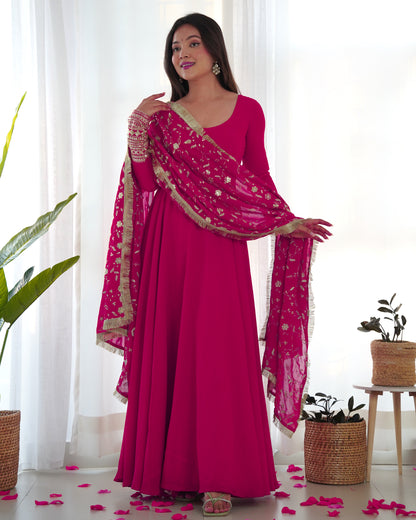 Rani Pink Solid Faux Georgette Anarkali Set