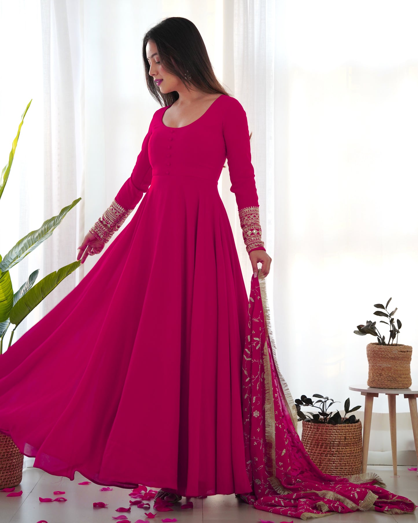 Rani Pink Solid Faux Georgette Anarkali Set