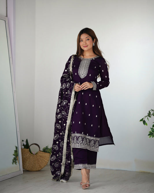 Wine Color Rangoli Silk Three Piece Kurti Pant Suit