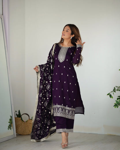 Wine Color Rangoli Silk Three Piece Kurti Pant Suit