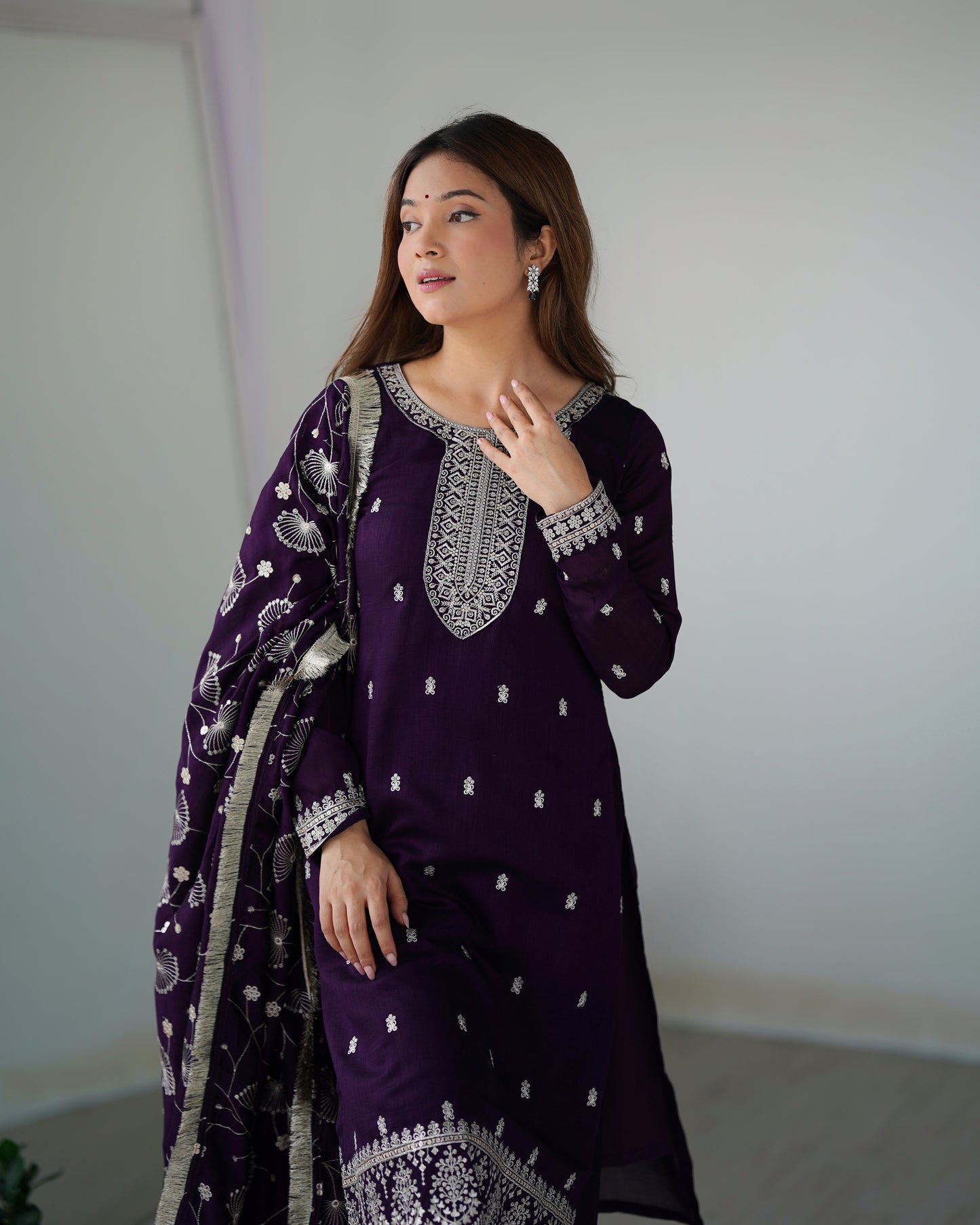Wine Color Rangoli Silk Three Piece Kurti Pant Suit