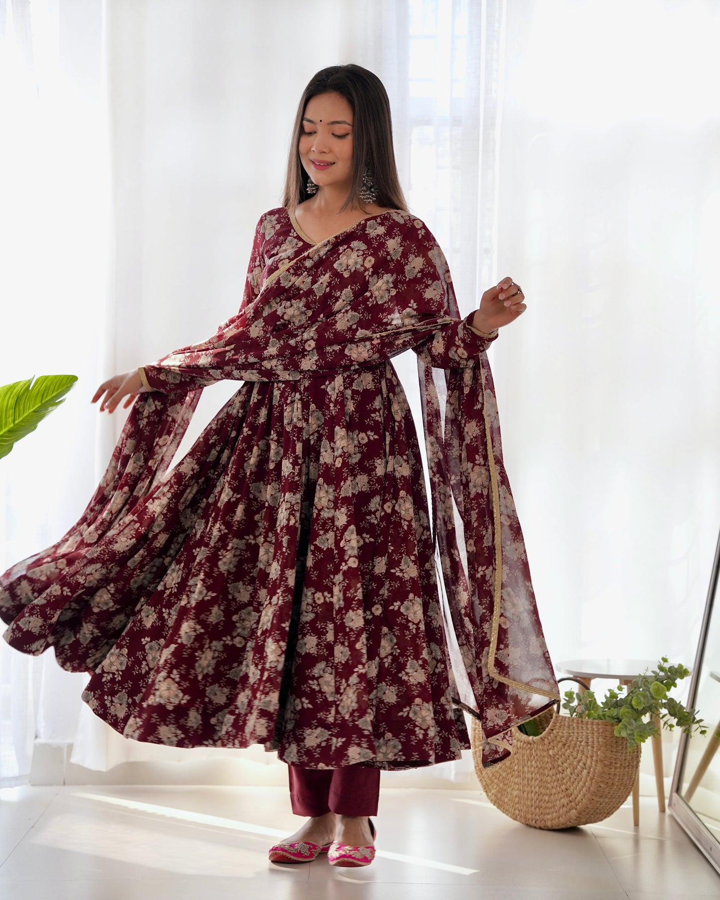 Dark Maroon Pure Soft Fox Georgette With Huge Flair,  Anarkali Suit Set