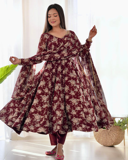 Dark Maroon Pure Soft Fox Georgette With Huge Flair,  Anarkali Suit Set