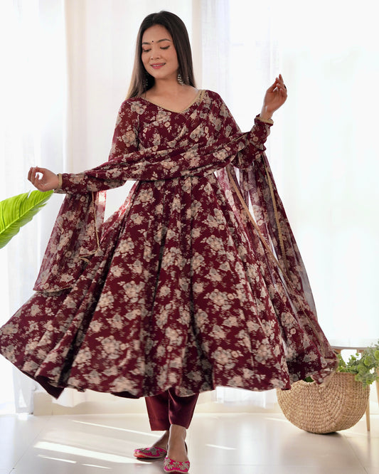Dark Maroon Pure Soft Fox Georgette With Huge Flair,  Anarkali Suit Set
