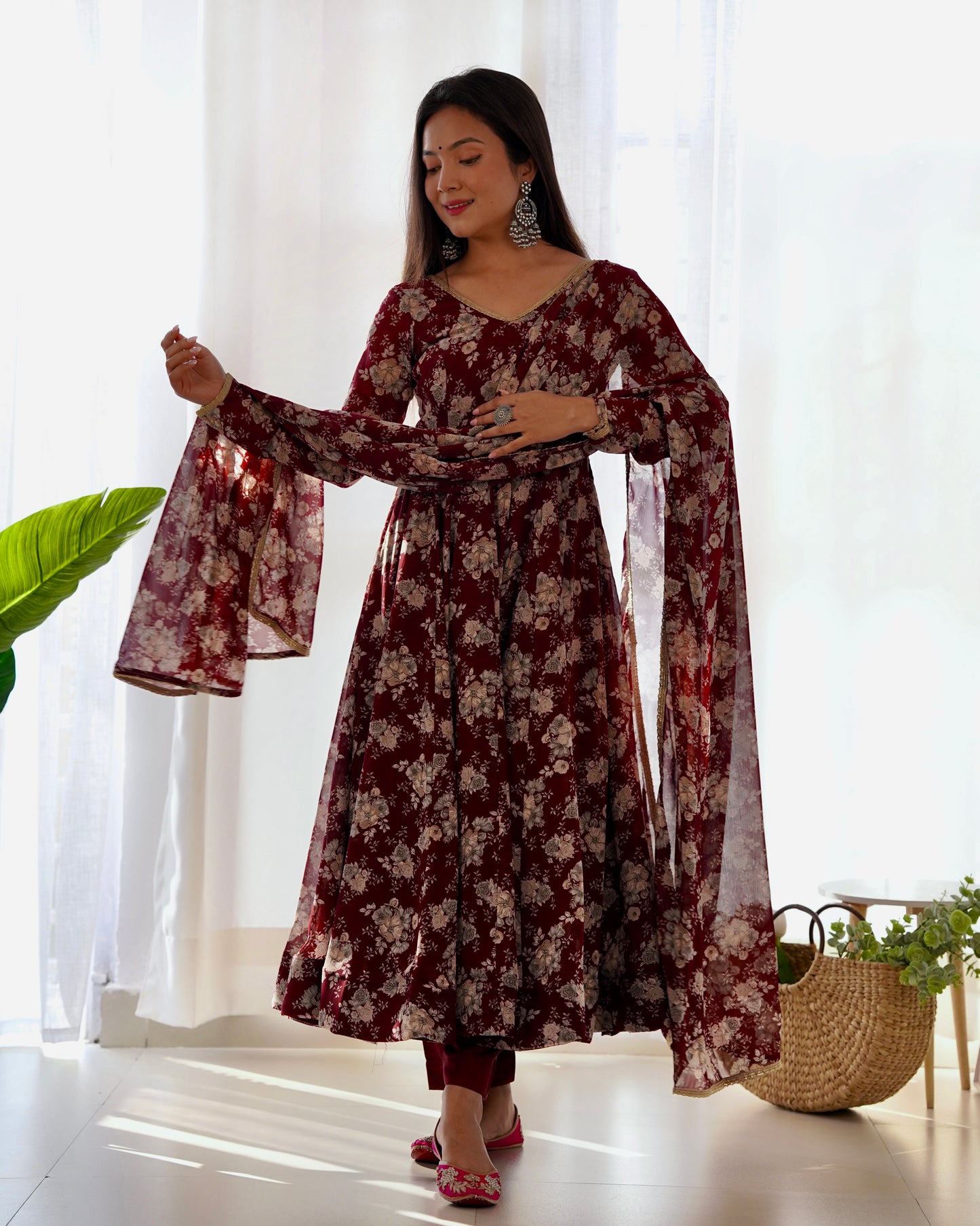 Dark Maroon Pure Soft Fox Georgette With Huge Flair,  Anarkali Suit Set