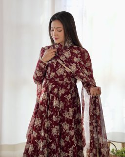 Dark Maroon Pure Soft Fox Georgette With Huge Flair,  Anarkali Suit Set