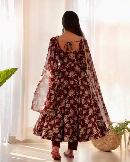 Dark Maroon Pure Soft Fox Georgette With Huge Flair,  Anarkali Suit Set