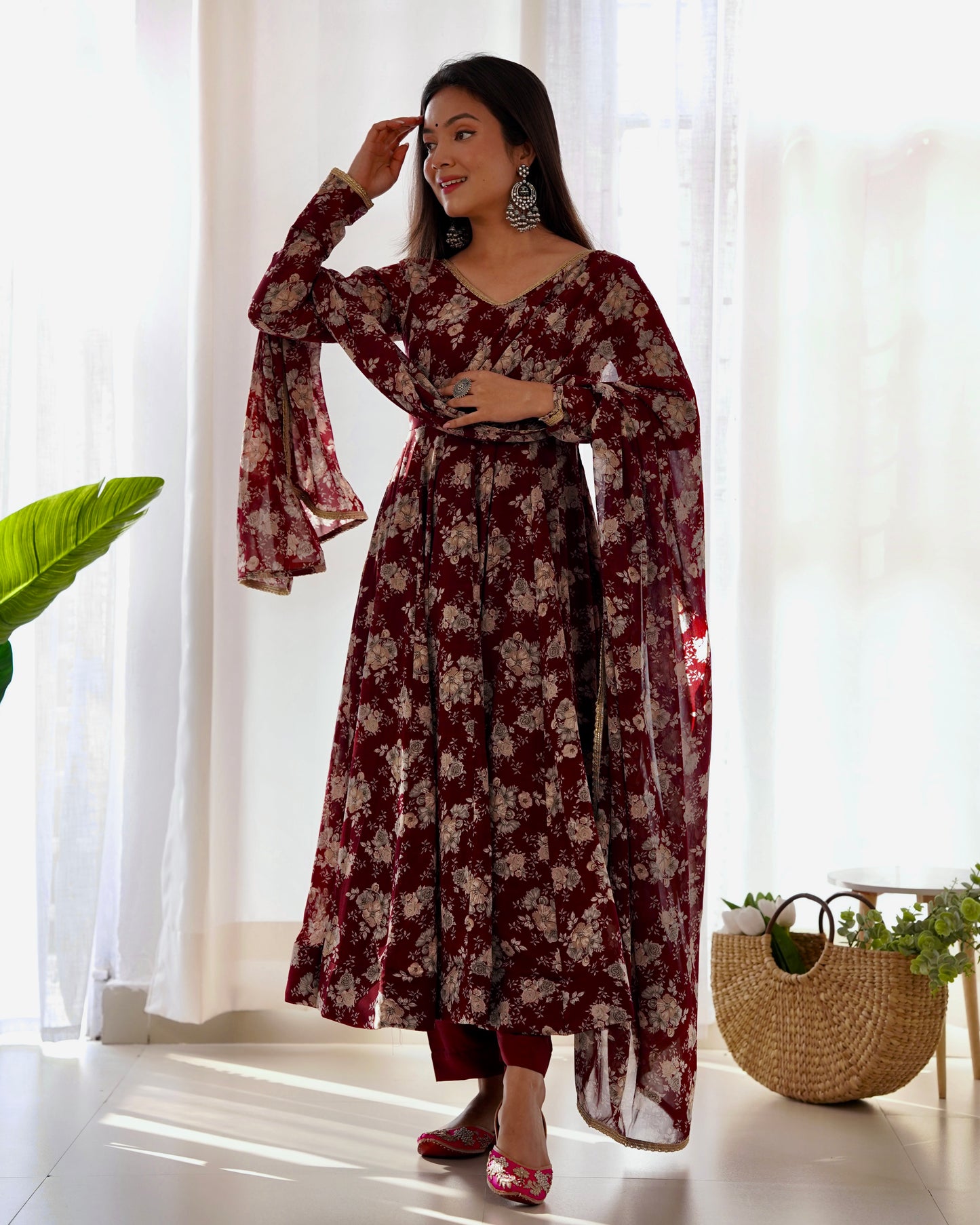 Dark Maroon Pure Soft Fox Georgette With Huge Flair,  Anarkali Suit Set