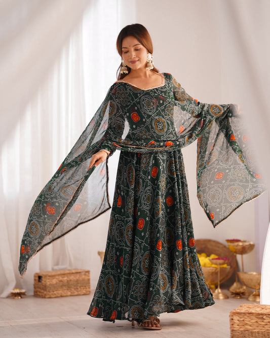 Manvi Bandhej Chiffon Printed Flair Green Anarkali Suit Set