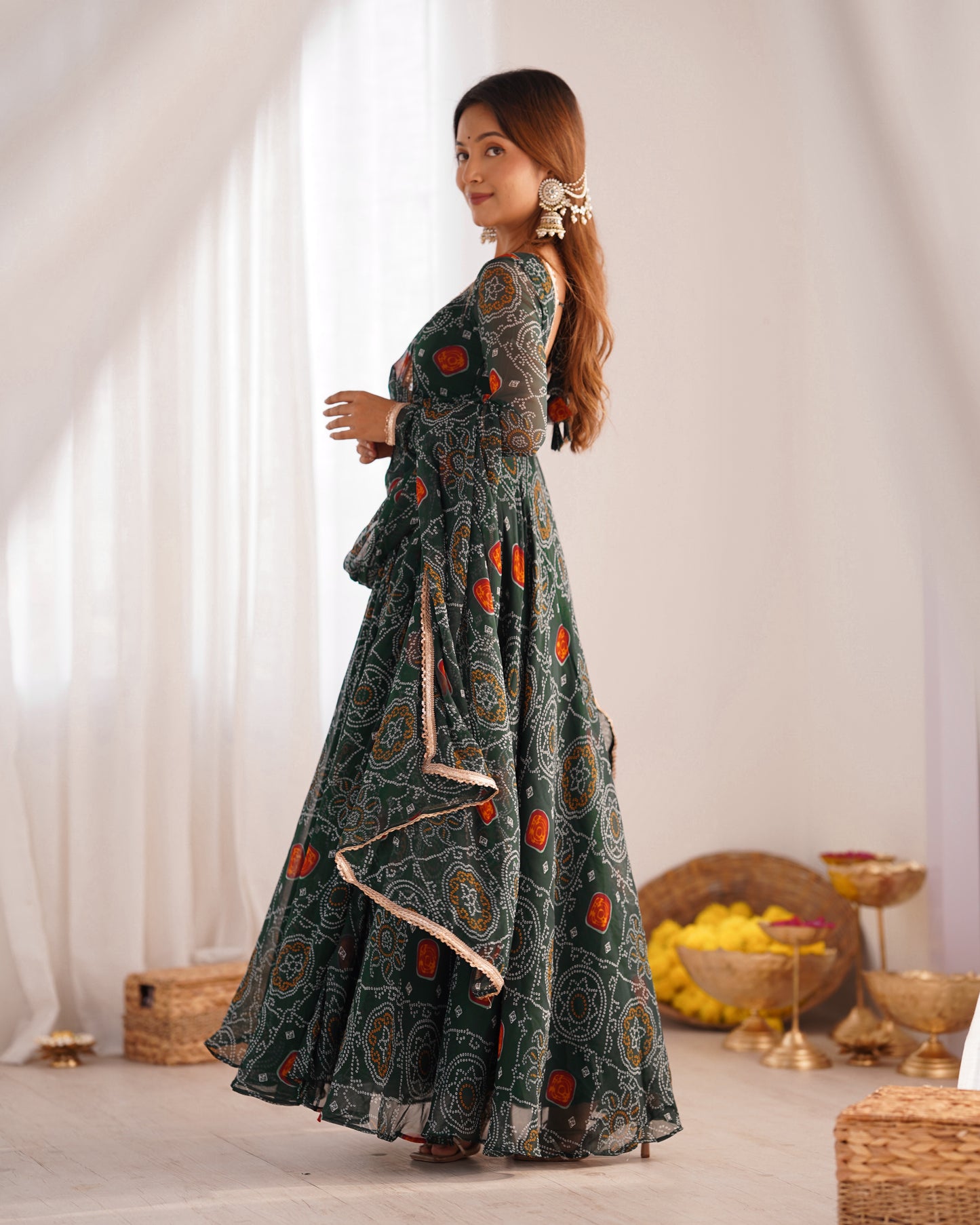 Manvi Bandhej Chiffon Printed Flair Green Anarkali Suit Set