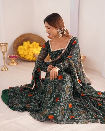 Manvi Bandhej Chiffon Printed Flair Green Anarkali Suit Set