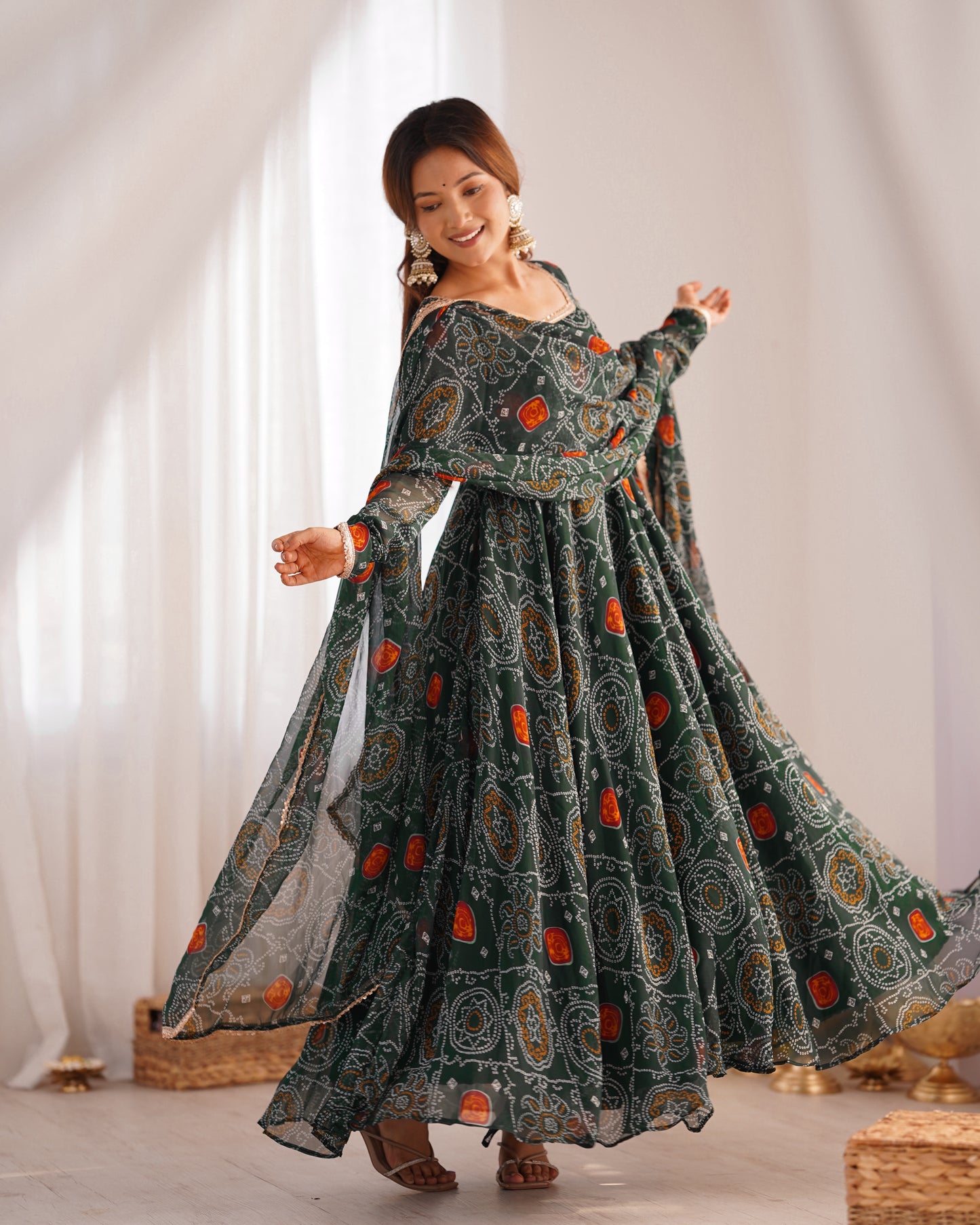 Manvi Bandhej Chiffon Printed Flair Green Anarkali Suit Set