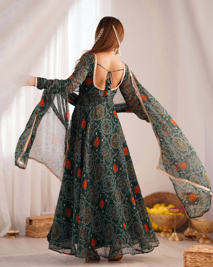 Manvi Bandhej Chiffon Printed Flair Green Anarkali Suit Set