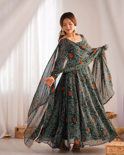 Manvi Bandhej Chiffon Printed Flair Green Anarkali Suit Set