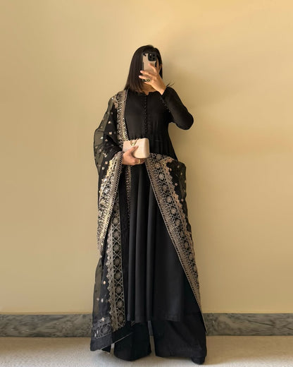 Georegette  Neck Salwar Suit Black