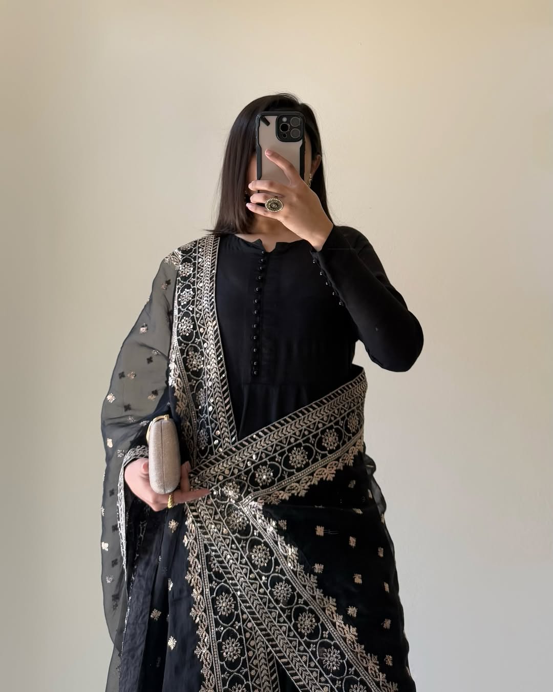 Georegette  Neck Salwar Suit Black