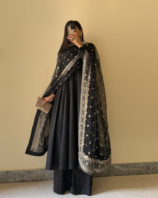 Georegette  Neck Salwar Suit Black