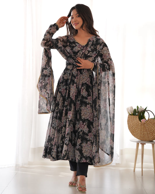Black Pure Soft Fox Georgette With Huge Flair,  Anarkali Suit Set