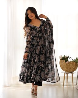 Black Pure Soft Fox Georgette With Huge Flair,  Anarkali Suit Set