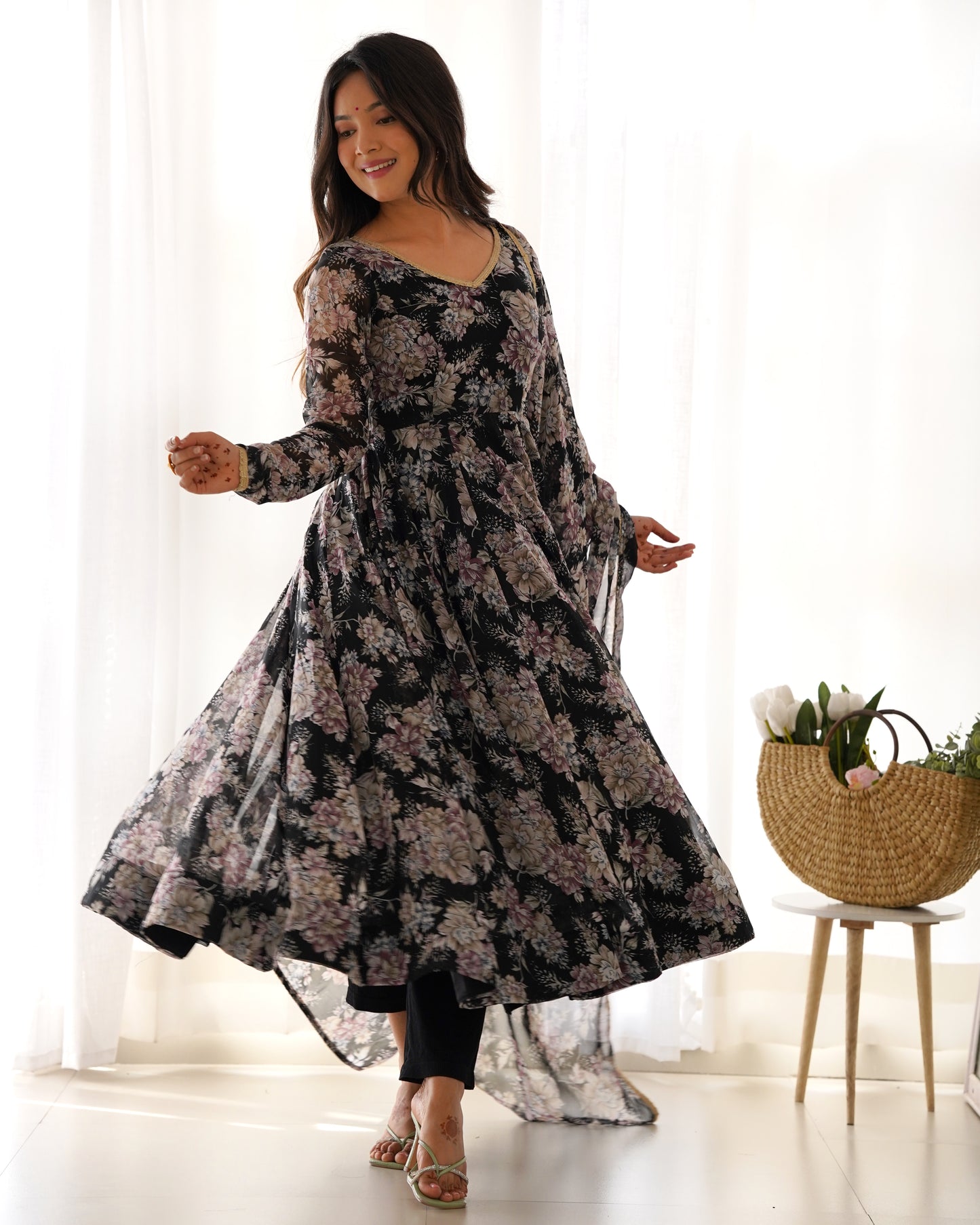 Black Pure Soft Fox Georgette With Huge Flair,  Anarkali Suit Set