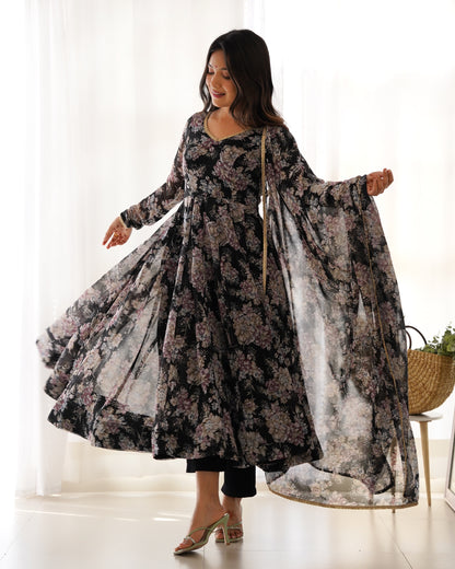 Black Pure Soft Fox Georgette With Huge Flair,  Anarkali Suit Set