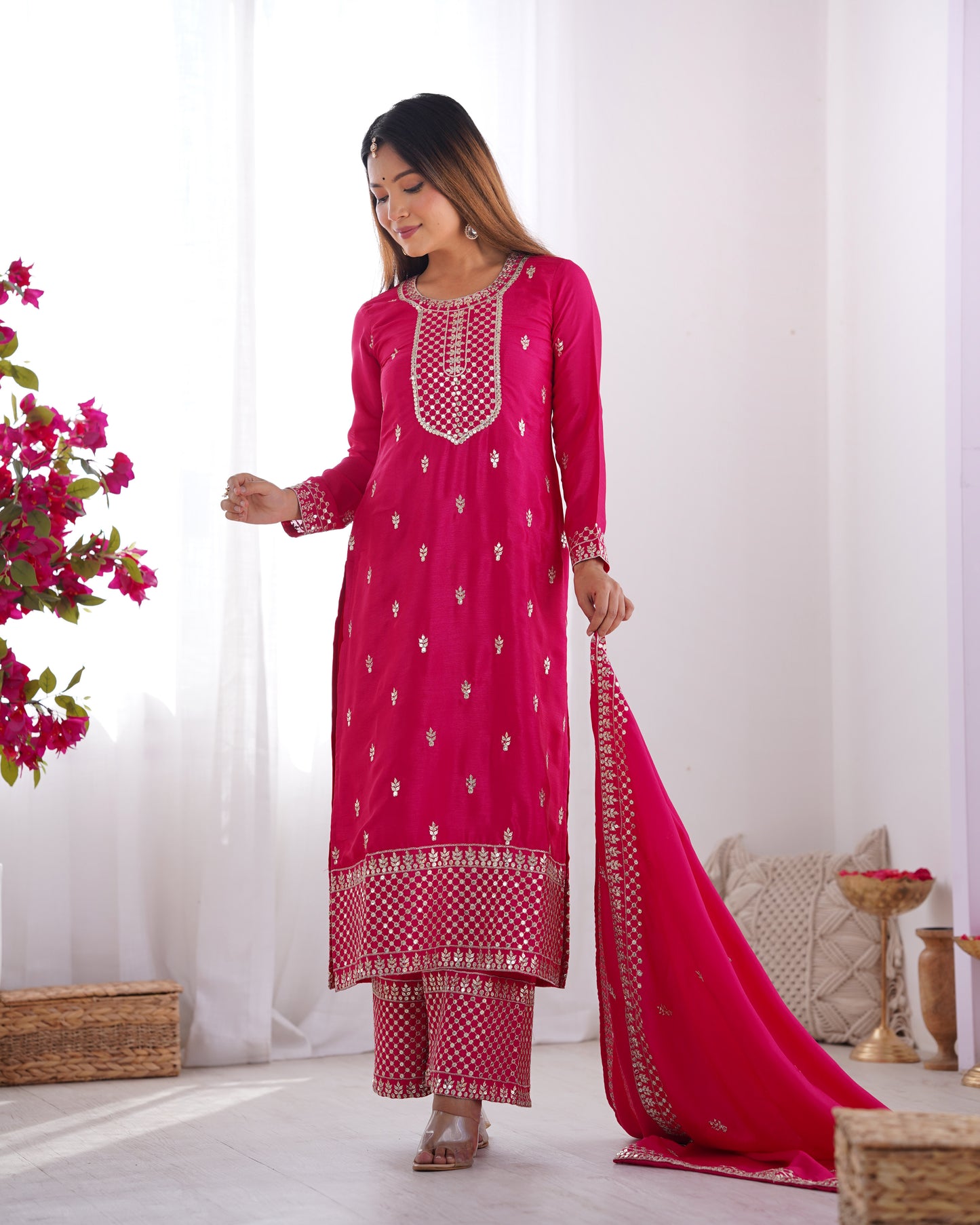 Pink Chinon Silk With Thread And Sequence Work Sharara Suit For Women