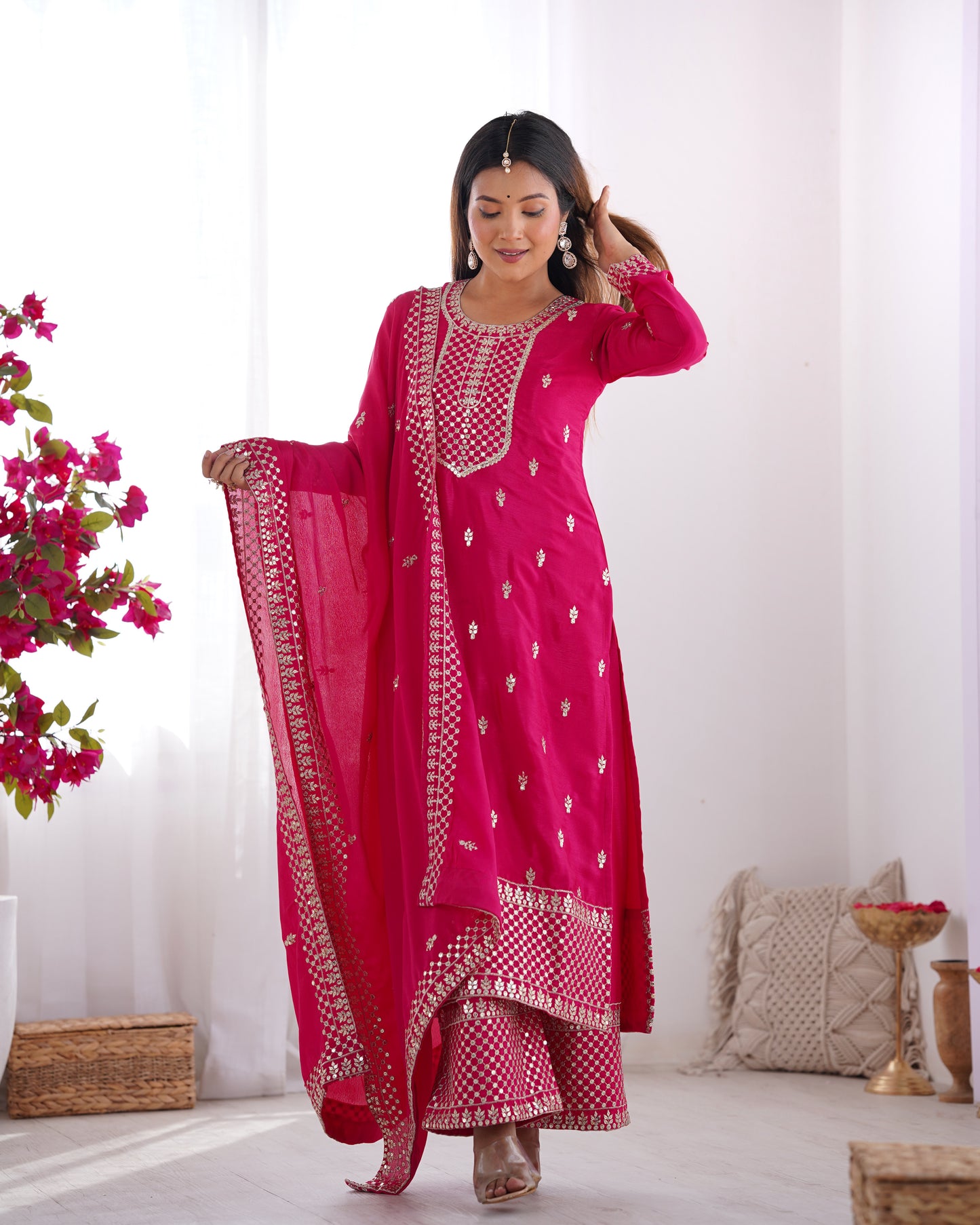 Pink Chinon Silk With Thread And Sequence Work Sharara Suit For Women