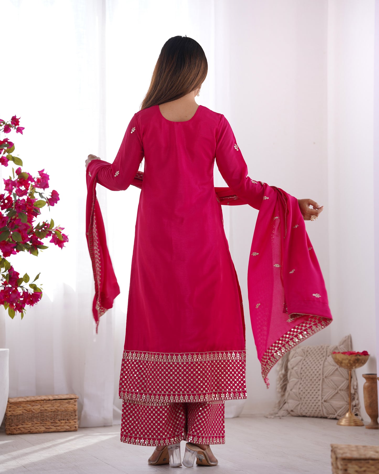 Pink Chinon Silk With Thread And Sequence Work Sharara Suit For Women