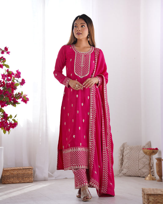 Pink Chinon Silk With Thread And Sequence Work Sharara Suit For Women