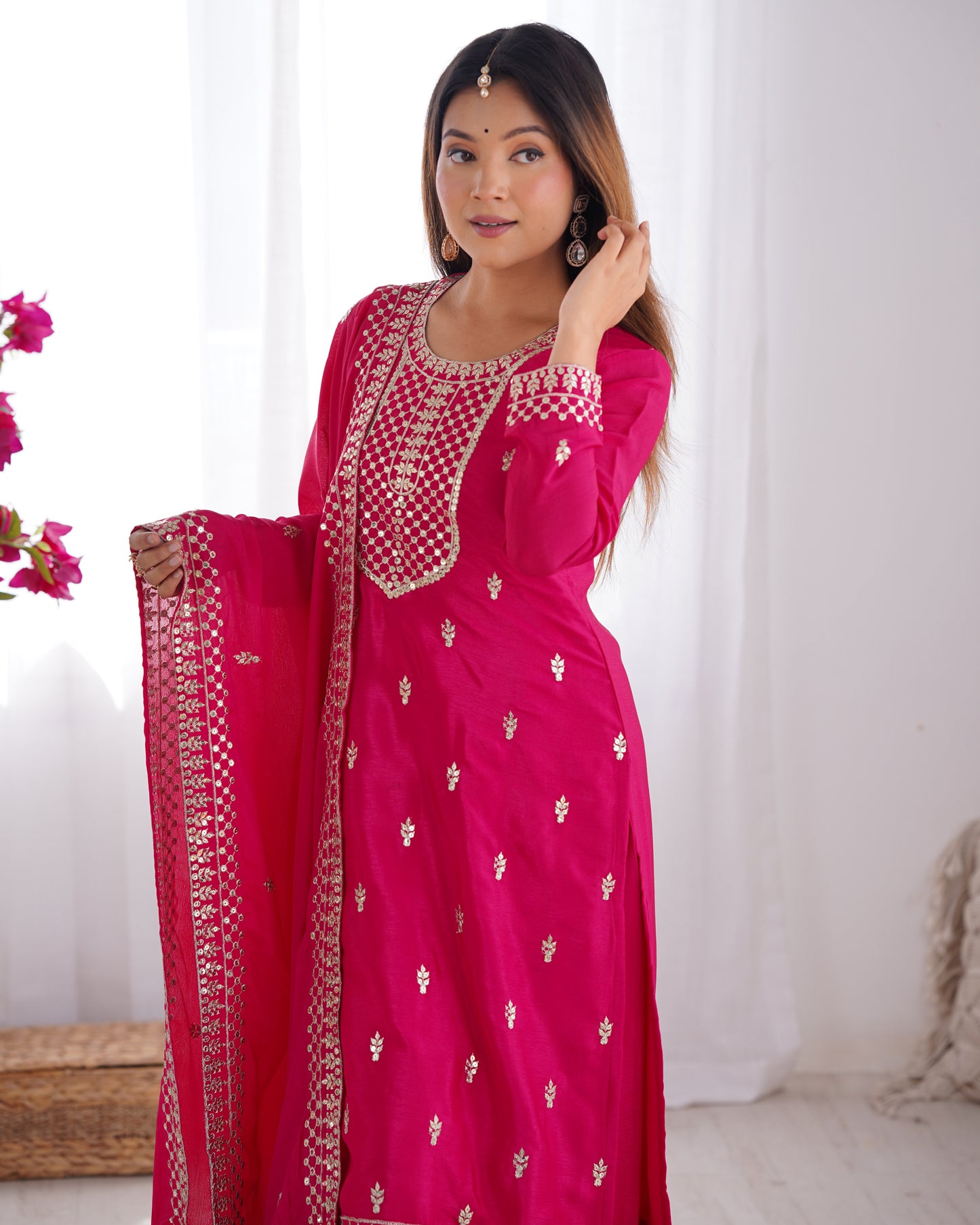 Pink Chinon Silk With Thread And Sequence Work Sharara Suit For Women