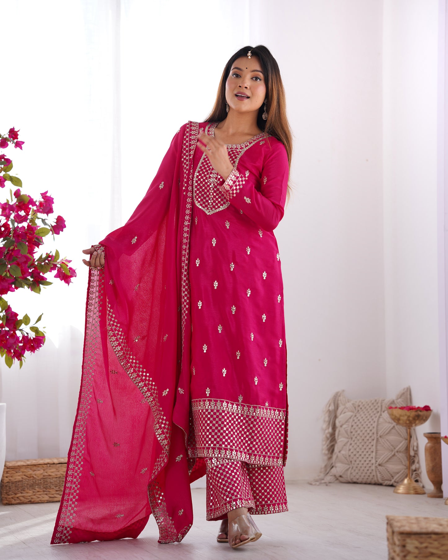 Pink Chinon Silk With Thread And Sequence Work Sharara Suit For Women