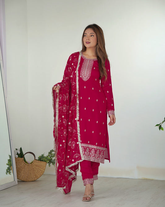 Pink Color Rangoli Silk Three Piece Kurti Pant Suit