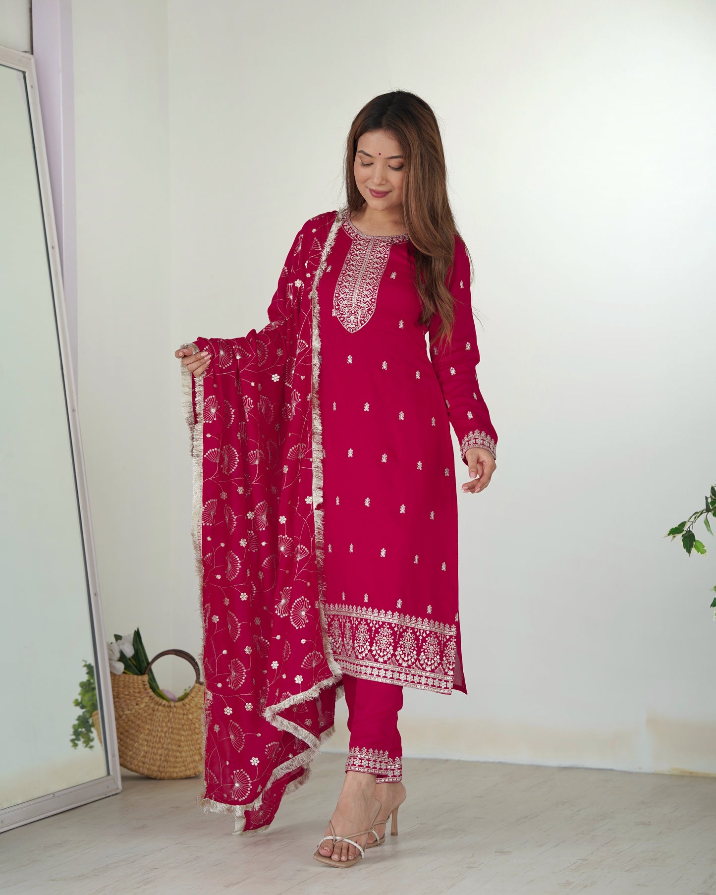 Pink Color Rangoli Silk Three Piece Kurti Pant Suit