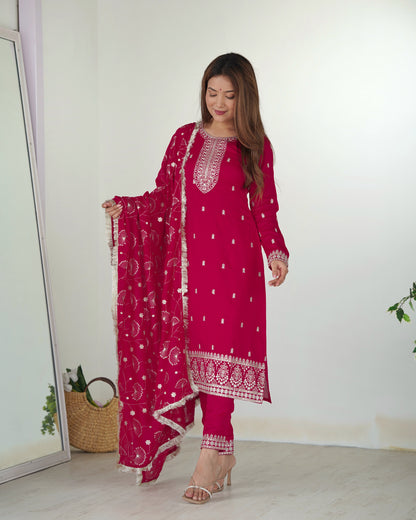 Pink Color Rangoli Silk Three Piece Kurti Pant Suit