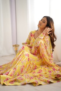 Yellow Color Soft Georgette Ruffle Style Three Piece Anarkali Suit