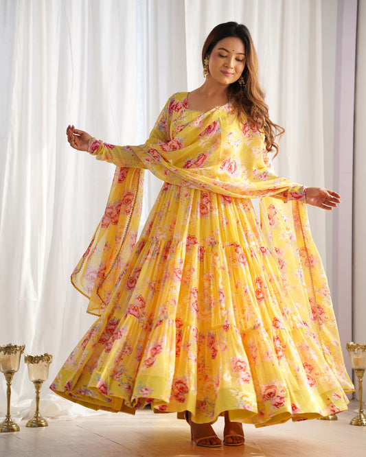 Yellow Color Soft Georgette Ruffle Style Three Piece Anarkali Suit