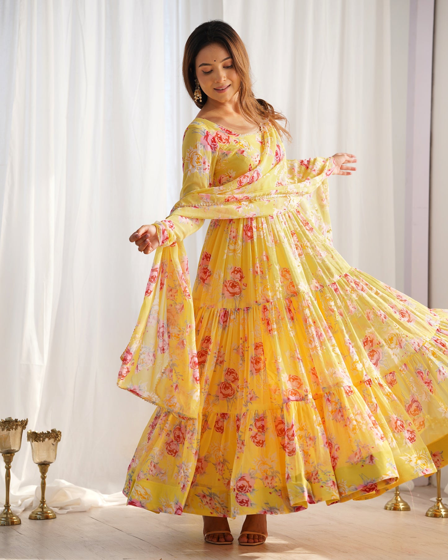 Yellow Color Soft Georgette Ruffle Style Three Piece Anarkali Suit