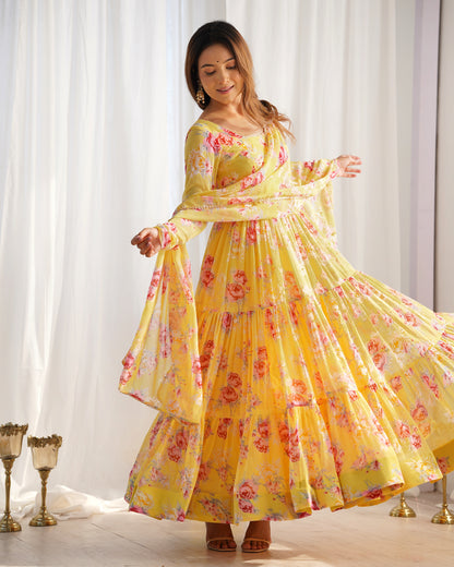 Yellow Color Soft Georgette Ruffle Style Three Piece Anarkali Suit
