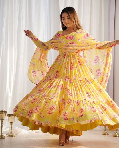 Yellow Color Soft Georgette Ruffle Style Three Piece Anarkali Suit