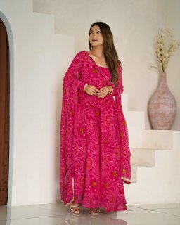 Rani Pink Color Bandhej Print Soft Chiffon Anarkali Gown