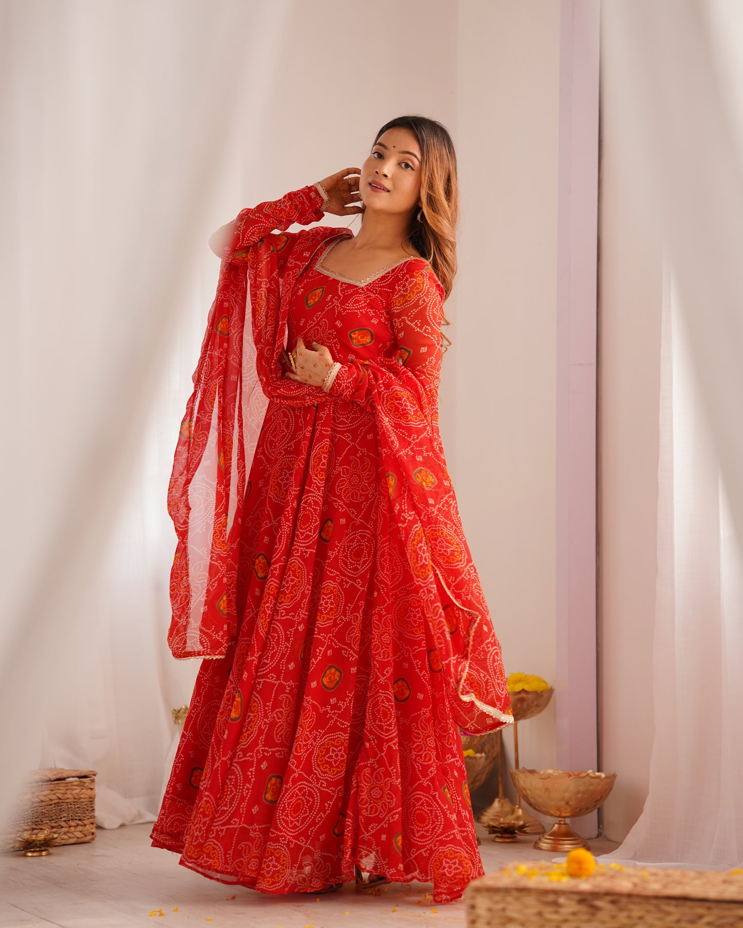 Red Color Bandhej Print Soft Chiffon Anarkali Gown