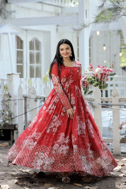 Red Readymade Georgette Gown