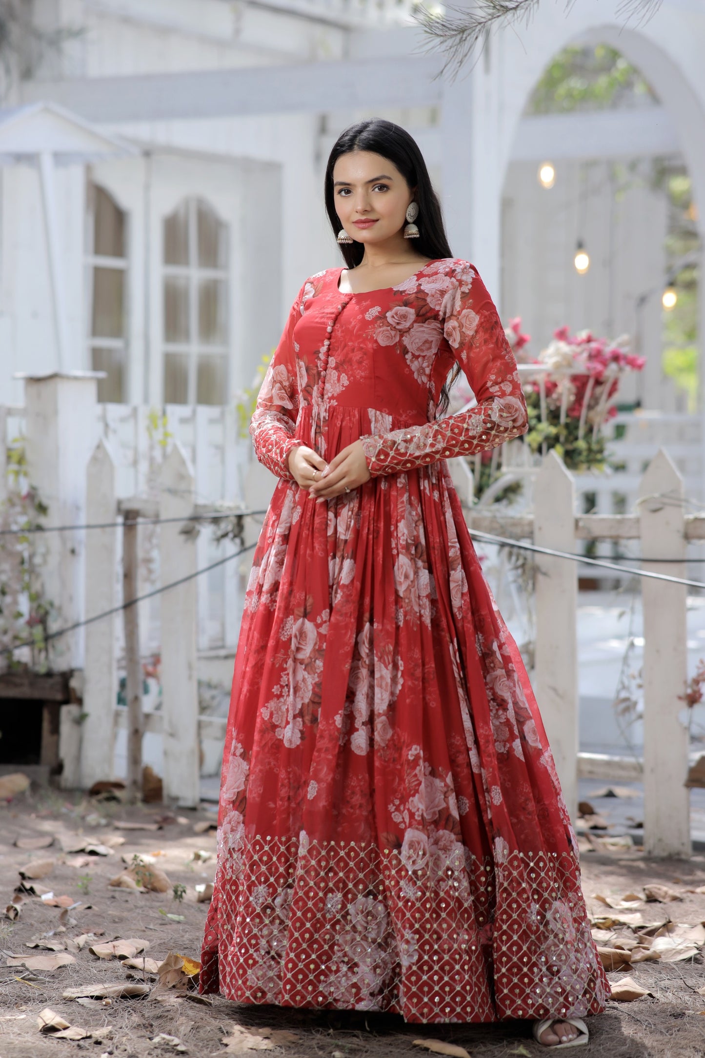 Red Readymade Georgette Gown