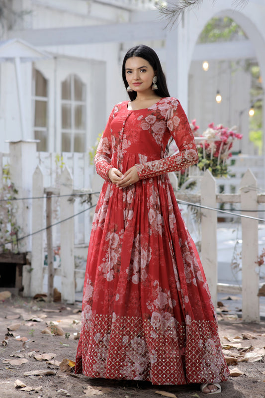 Red Readymade Georgette Gown