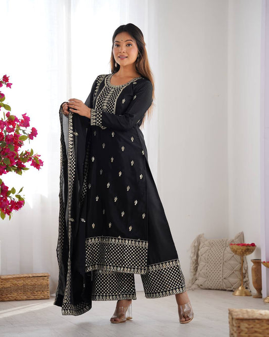 Black Chinon Silk With Thread And Sequence Work Sharara Suit For Women