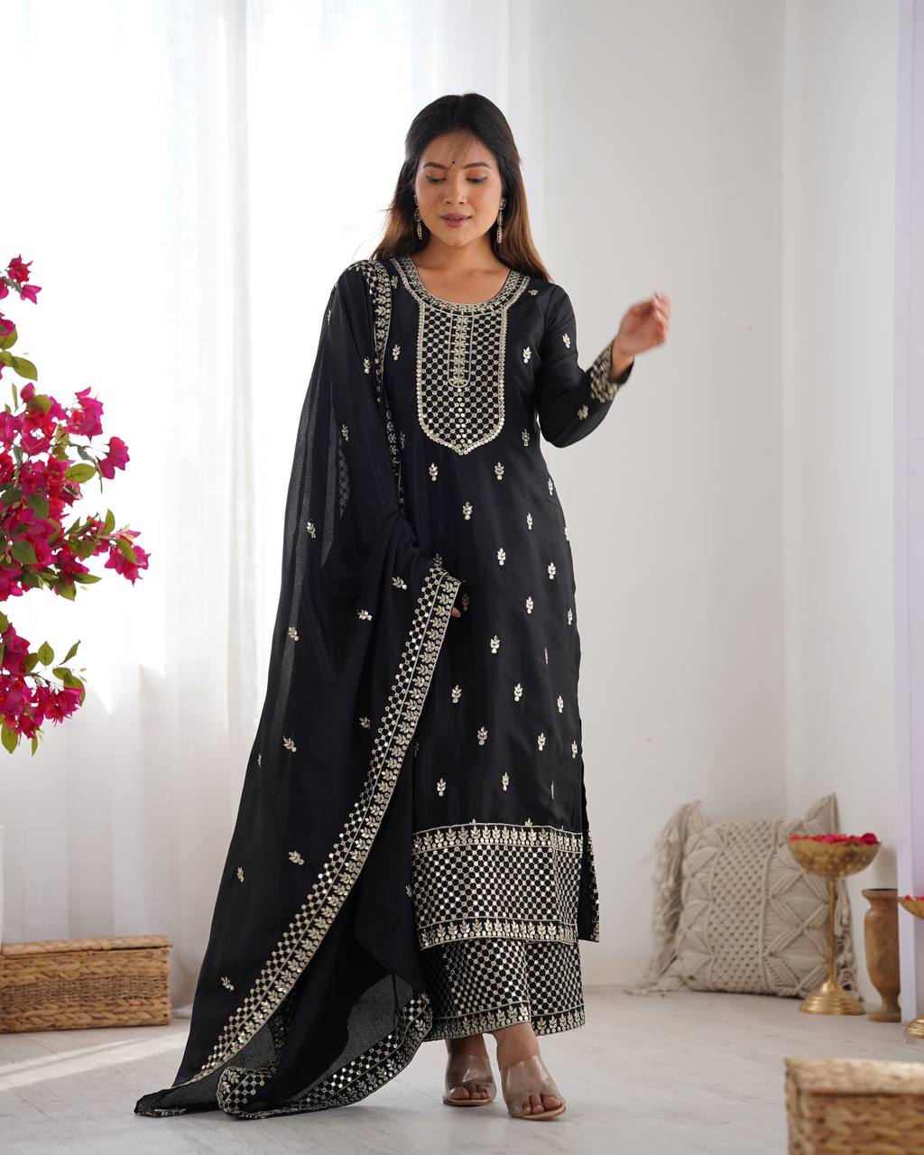 Black Chinon Silk With Thread And Sequence Work Sharara Suit For Women