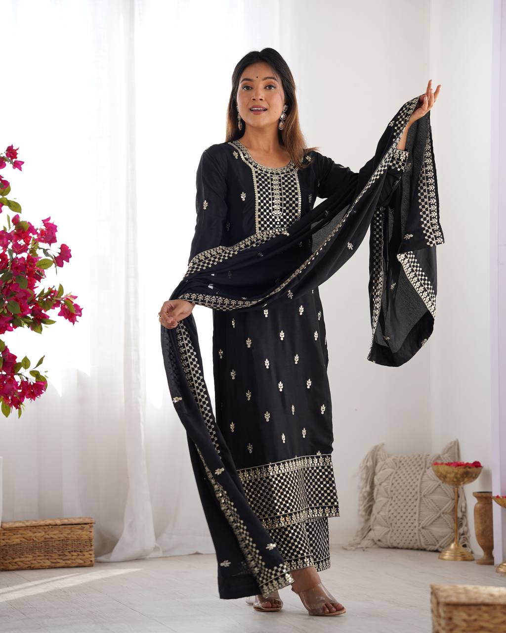 Black Chinon Silk With Thread And Sequence Work Sharara Suit For Women